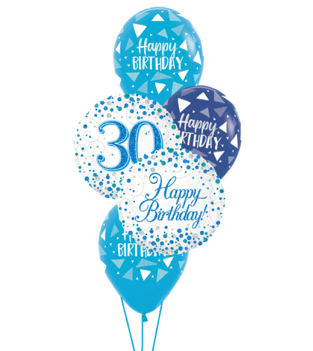 Sparkling Fizz 30th Blue Birthday Classic Balloon Bouquet. An arrangement by Balloon Bouquets Plus.