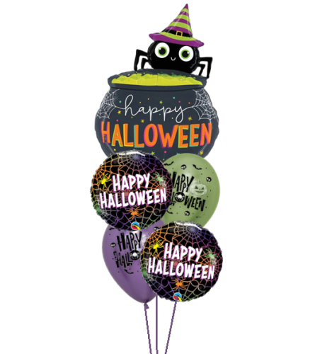 Halloween Spider Web Cauldron Cheerful Balloon Bouquet. An arrangement by Balloon Bouquets Plus.