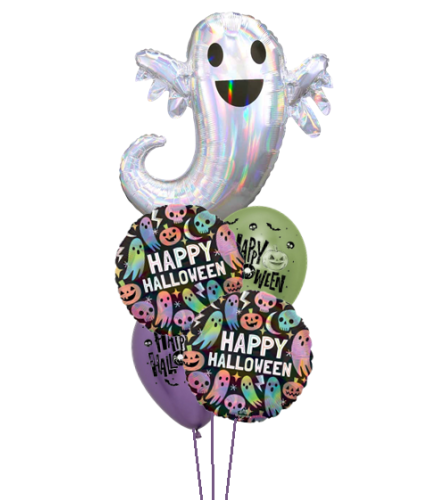 Iredescent Ghost Pastel Cheerful Balloon Bouquet. An arrangement by Balloon Bouquets Plus.