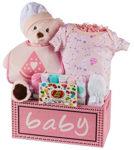 PINK WOODEN KEEPSAKE CRATE (GIRL). An arrangement by Select Flowers.