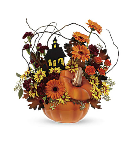 Haunted House Pumpkin - Deluxe. An arrangement by Flore's Shop.
