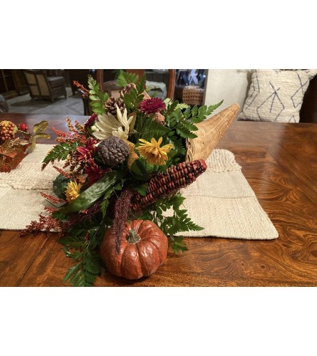 Thanksgiving Cornucopia. An arrangement by The Flower Box Florist.