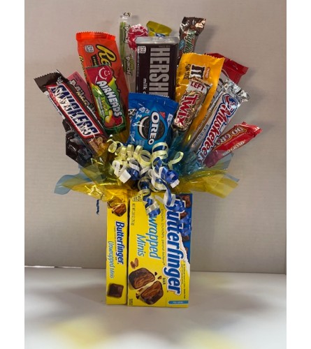 Candy Bouquet Butterfinger. An arrangement by Stayton Flowers.