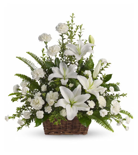 Peaceful White Basket. An arrangement by Flowers and Beyond.