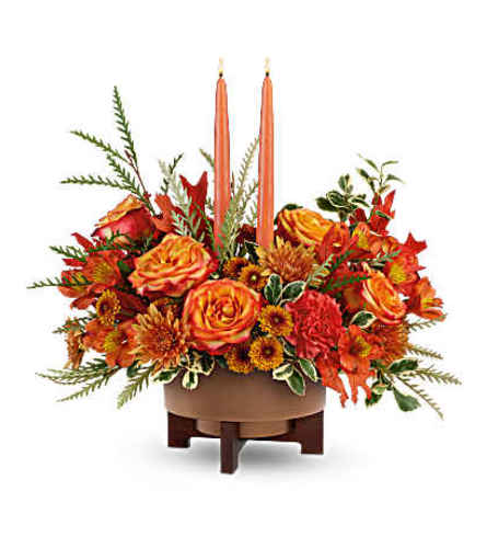 Harvest Flame Centerpiece - Deluxe. An arrangement by Flore's Shop.
