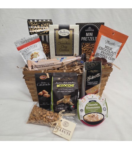Goody and Gourmet basket. An arrangement by Flower Trends Florists.