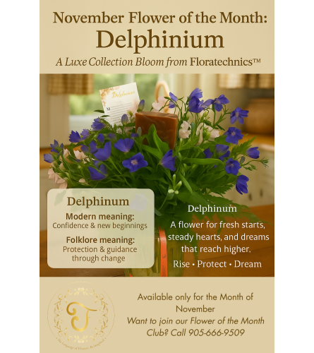 Delphinium – November Flower of the Month Arrangement. An arrangement by Anderson Flowers.