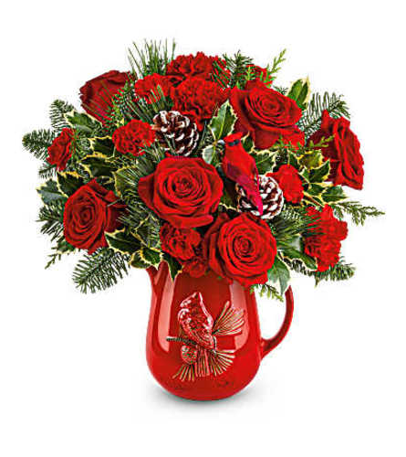 Scarlet Cardinal Pitcher Arrangement. An arrangement by Vaillant Florist.