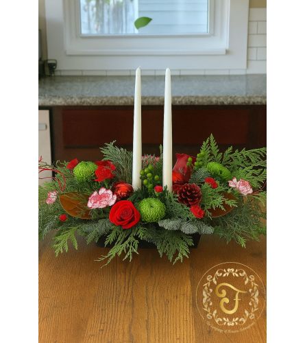 By the Fire Christmas Centerpiece. An arrangement by Floratechnics.