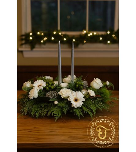 Silver Sentiments Holiday Centerpiece. An arrangement by Lori's Hearts and Flowers.