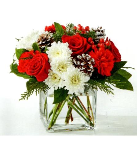 Crimson Frost Delight. An arrangement by Julie's Artistic Rose.