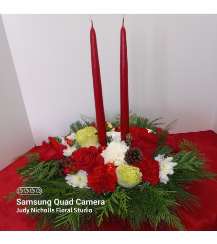 Festive Crimson and Pine. An arrangement by Judy Nicholls Floral Studio.