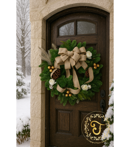 Burlap Bow Wreath. An arrangement by Roma James Gifts.