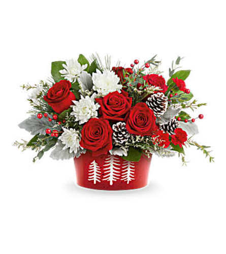 TEL Snowy Pines Centerpiece - Deluxe. An arrangement by Pierson's Flower Shop and Greenhouses.