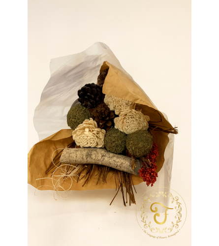 Festive forest Dried Wrapped Bouquet. An arrangement by Anderson Flowers.