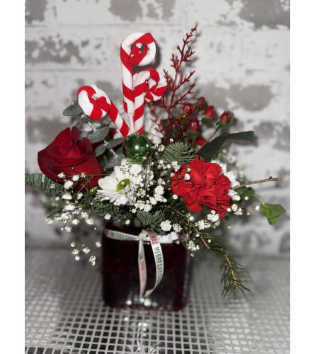 Candy Cane Rose Delight. An arrangement by Kelly Ann's Floral.