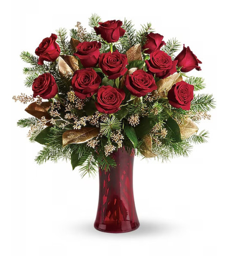 A Christmas Dozen Roses. An arrangement by Gallery Flower Shop N Services.
