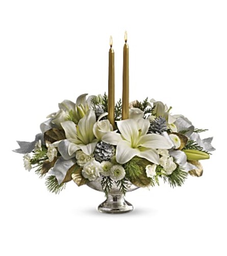 Silver And Gold Centerpiece. An arrangement by Northwest Florist.