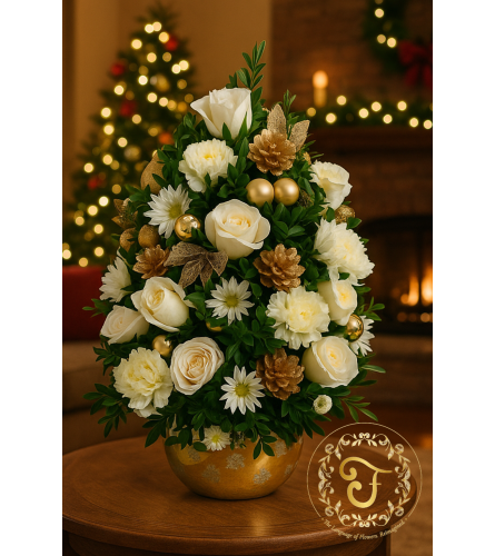 Ivory and Gold Noël Boxwood Tree. An arrangement by Lori's Hearts and Flowers.