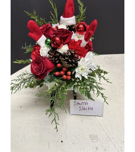 Santa Sleigh. An arrangement by Flowers by Frances.