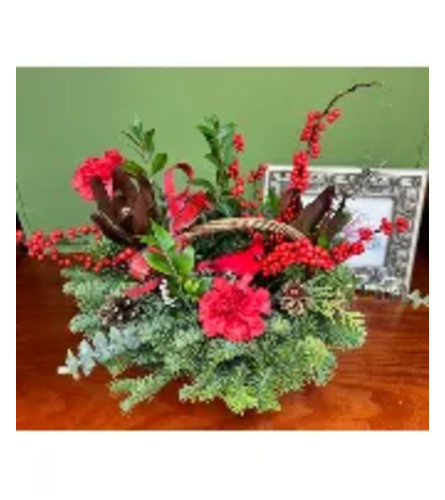 Cardinal Christmas Basket. An arrangement by Sunny Day Blossoms Design Studio.