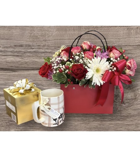 Bloom Bag with Chocolate and Mug. An arrangement by Azi Flowers.