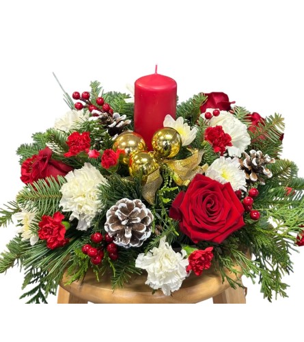 A Very Merry Centerpiece. An arrangement by Azi Flowers.