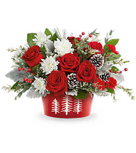 Snowy Pines centrepiece - Deluxe. An arrangement by Big Event Floral and Decorating Co..