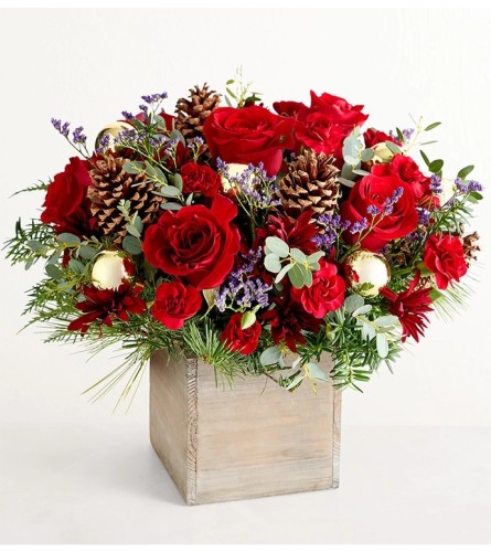 Christmas Wooden Cube. An arrangement by Brickell Exclusive Blooms.