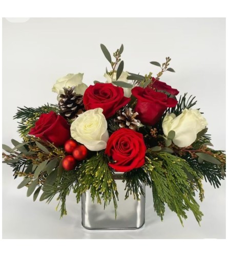 Christmas Spirit Roses - Deluxe. An arrangement by Brickell Glamour Flowers.