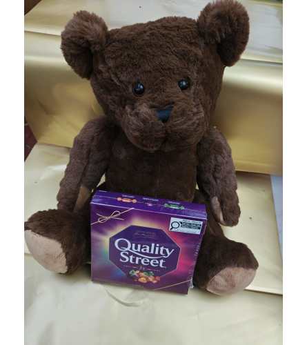 Teddy with chocolates - Deluxe. An arrangement by KW Flowers.