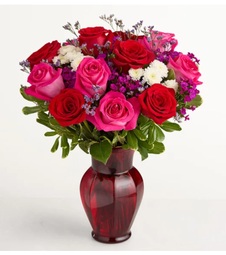 Key to My Heart in a Red Vase - Deluxe. An arrangement by Susana's Flowers.