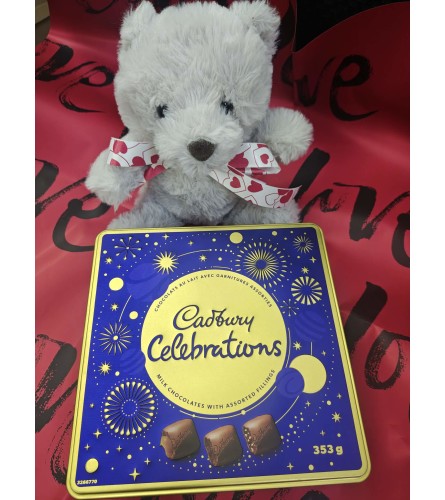 Teddy and chocolate kit. An arrangement by KW Flowers.