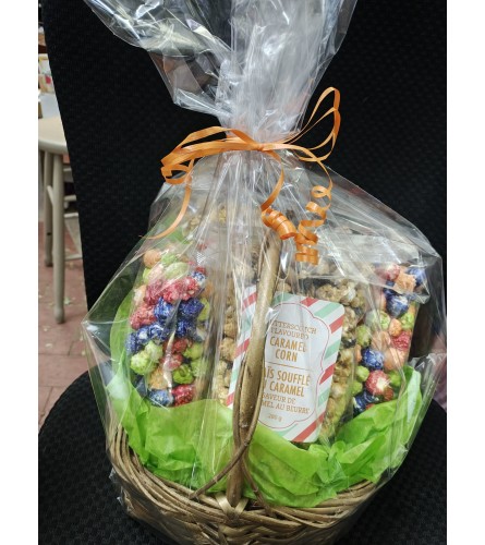SWEEET SURPRSE POPCORN BASKET. An arrangement by KW Flowers.