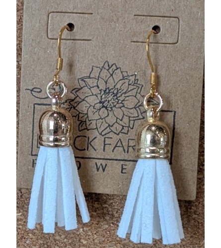 White tassle 22kt gold post earrings. An arrangement by Block Farms Flowers.