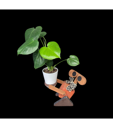 Wood Robot Planter. An arrangement by Anne Marie Rose Floral Design.