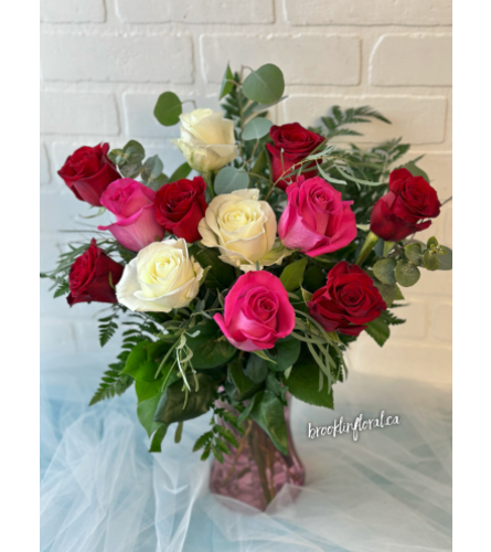 Luxe Dozen Roses and Eucalyptus - Standard. An arrangement by Brooklin Floral and Garden Shoppe Inc..