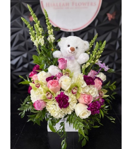 Blushing Bear Blooms. An arrangement by Hialeah Flowers.
