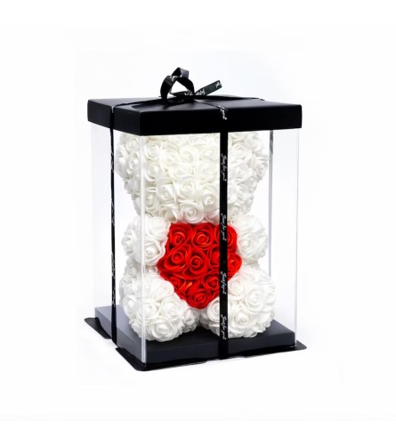 White rose foam Bear. An arrangement by Lake Eola Florist.