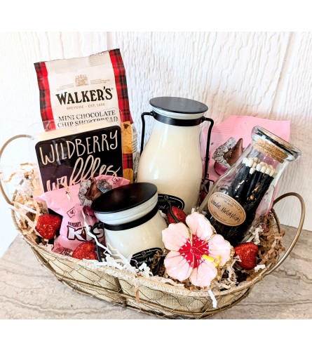Gift Basket - Soothing Scents candles and sweet treats. An arrangement by Block Farms Flowers.