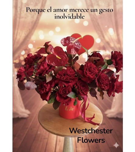 ROSES AND ANTURIOS. An arrangement by Westchester Flowers and Gifts.