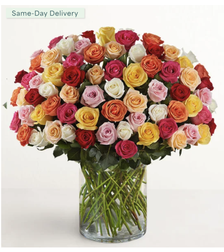 100 Premium Long Stem assorted multicolored roses. An arrangement by Sicola's Florist.