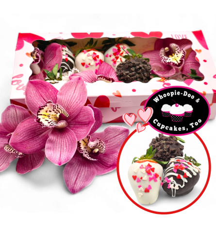 Gourmet Dipped Strawberries and Orchid Gift Box - Deluxe. An arrangement by Appleblossoms Flowers, Gifts and More. Limited availability....