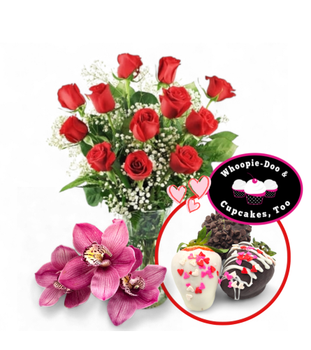 Dozen Red Roses and Gourmet Dipped Strawberries Gift Box - Deluxe. An arrangement by Appleblossoms Flowers, Gifts and More. Limited availability....