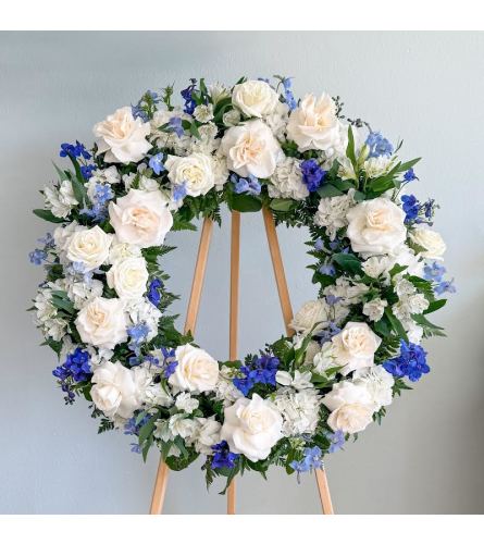 Thoughts of You Wreath by The Poppy Studio. An arrangement by Orange County Florist.