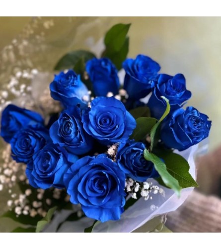 Dozen Blue Rose Bouqet. An arrangement by Sophie's Flowers.