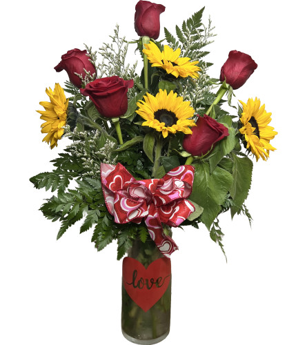 Medium Sized Sunflower and Rose Bouquet - Standard. An arrangement by Gonsalves-Fasso Flowers.