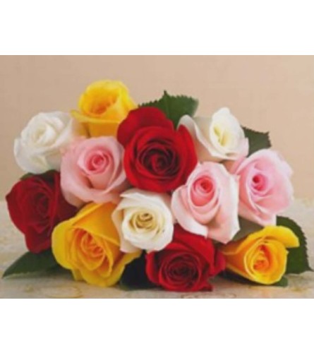 1 doz assorted ROSES BOUQUET WRAPPED. An arrangement by KW Flowers.