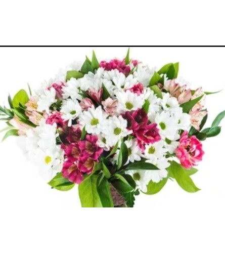 WHITE DAISIES and ANY ALSTROMERIA IN A VASE. An arrangement by Flowers by Priscilla.