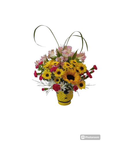 Bee Happy ! In a happy BEE container Florist Original - Deluxe. An arrangement by Blumenladen Tampa Flower Shop.